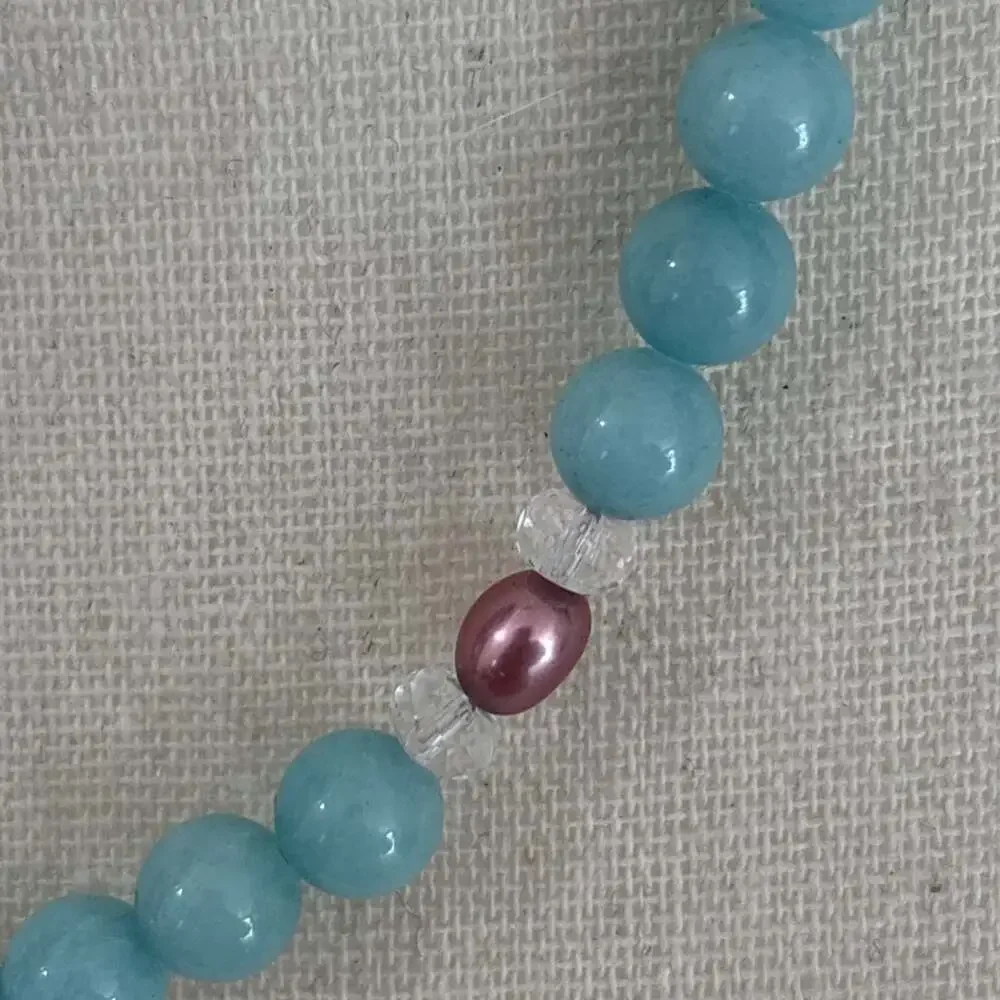 Lee Sands Blue Pink Shell Inlay Peacock Necklace Chaledony Beads Pink Pearls 21